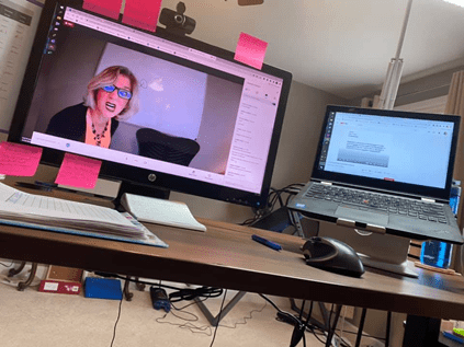Math teacher Peggy Carnes celebrates Halloween virtually with her students. Teachers such as Carnes have had to find unique ways this year to keep students engaged during online classes.