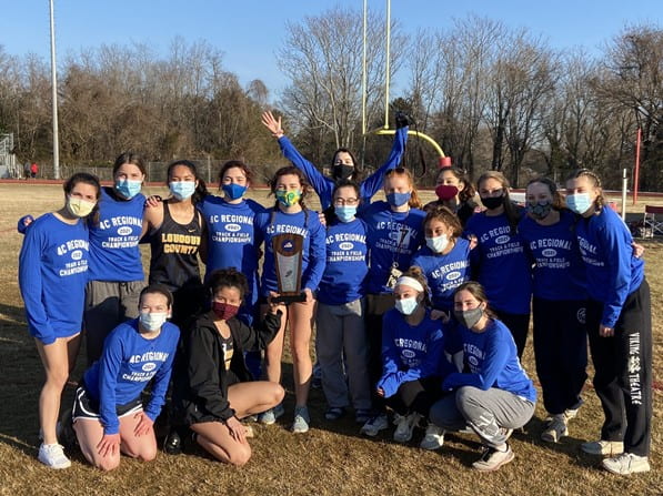 Loudoun County Girls track team celebrates capturing Region Runner up at Fauquier High School February 9. Photo credit: Head Coach Courtney Campbell. 