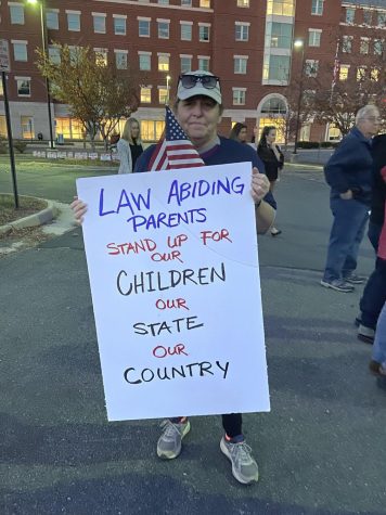 A rally attendee holds up a sign stating that she is fighting for the school board to “stand up for our children, our state, and our country,” along with an American flag. Photo by Alexis Shugars.