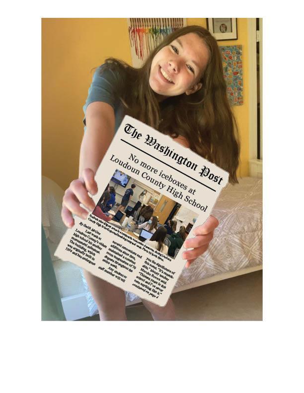 Sophomore Elise Kent holds a print edition of The Washington Post, from the day Loudoun County High School made headlines about its building temperatures. Previous controversies from the county have also made national news, and the resolution of the school’s climatic inconsistencies became next in last week’s publication. Photo courtesy of Elise Kent.