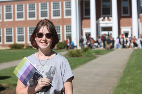 This photo captures Felicity Banner (they/them), organizer of the walkout at Loudoun County High School, standing in front of the students participating in the walk out. Banner is holding a Non-Binary pride flag.