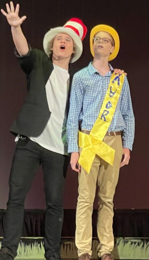 Collin Diem (left) and Gabe Cunnington (right) sing and pose during the performance of “Seussical” at Simpson Middle School. Diem is a freshman participating in Loudoun County’s productions and performances. Photo by Collin Diem.