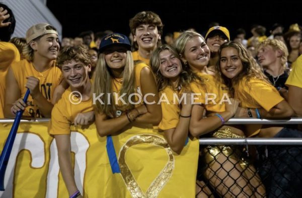 Juniors Mikey Richardson, Logan Stanard, Abby Graham, Jesse Schwarting, Olivia Rowand, Autumn Ryan, Ana Smithson, and Catherine Schroeder smile from the Captains Crew student section at the homecoming football game. The game was a gold out and a 17-10 victory for the Captains over the Riverside Rams.