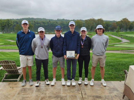 Loudoun Countys Golf Team claimed the title of District Champions on September 26th 2023 preceding yet again to regionals then states. This is the teams 4th year in a row earning the district title. Left to right- Chase Oatman, Liam Howard, Jackson Quinn, Reed Thesis, Ayla Browning and Peter Duiven 

