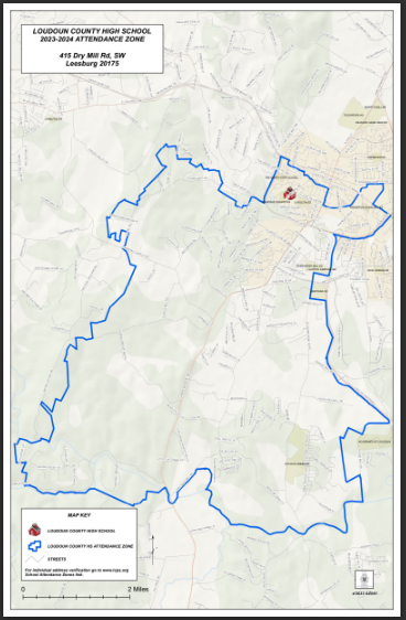 Map of the current school zones. Loudoun County High School is marked, and the blue borders indicate the reach of the school