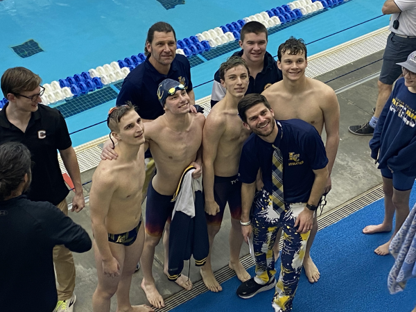 As Armitage reminisces on the season as a senior, he was thankful to swim his final race with senior Kai Tjader. “It was both of our last ever high school races, we just took it all in and enjoyed the moment,” Armitage said. (Kai Tjader, Kyle Armitage, Eric Akers, Zach Bell, Alan Crouse, Jay Wareham, and Benjamin Graham.)