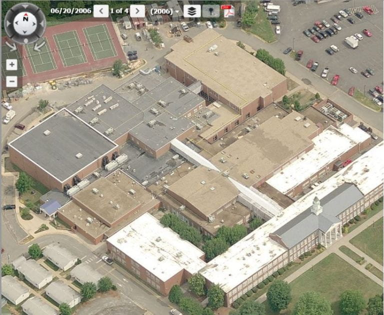 A 2006 aerial shot containing the now lost trailers, which were used as math, latin, and science classrooms from their construction in the mid-1990s to their removal during renovations from 2005-2006.