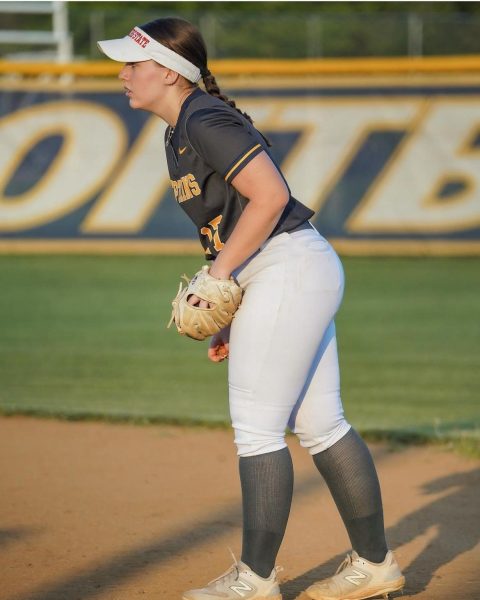 Zoey Marinello taking stance mid game during the April 26th game against Millbrook, ending in a win five to three.