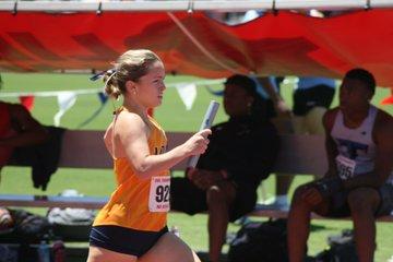 Margot O’Brien running the 4x8 relay at the state competition. O’Brien, along with the 4x8 girls team, achieved a time of 9:54 at states.