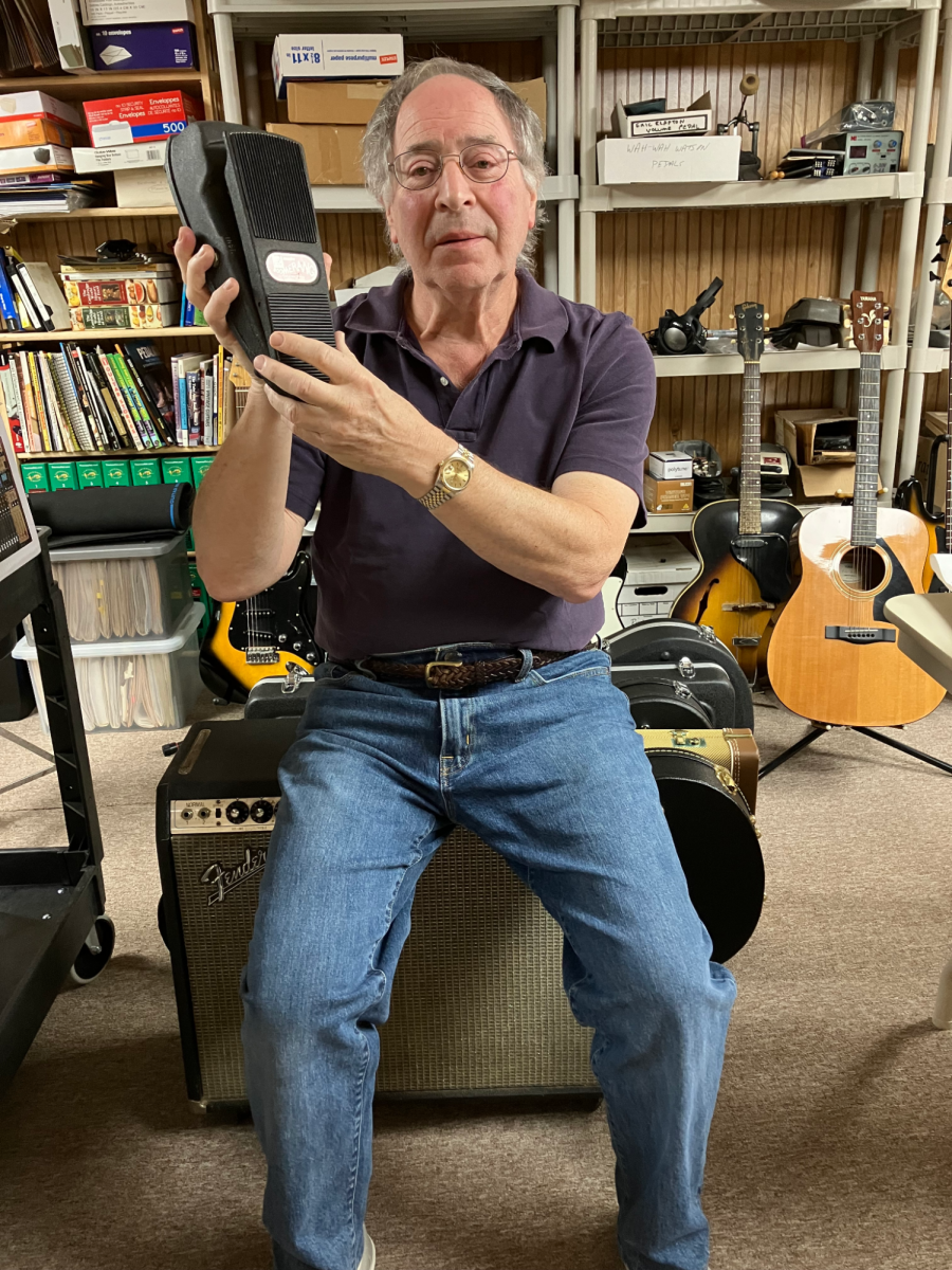 Richard Mintz poses with the Maestro Boomerang guitar wah-wah pedal. It is one of many pedals Mintz designed that defined the sound of music in the 1970s, to this day.