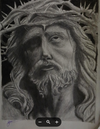 The “ Last Look” is a piece of realism art by Genesis Segovia using coal and pencils. Its purpose was to represent religion, more specifically Christianity. Photo courtesy of Genesis Segovia.